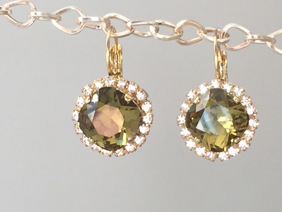 Swarovski Khaki Crystal Gold Earrings, Khaki Crystal Bridesmaid Earrings, Khaki and Rhinestone Crystal Earrings, Fancy Crystal Earrings