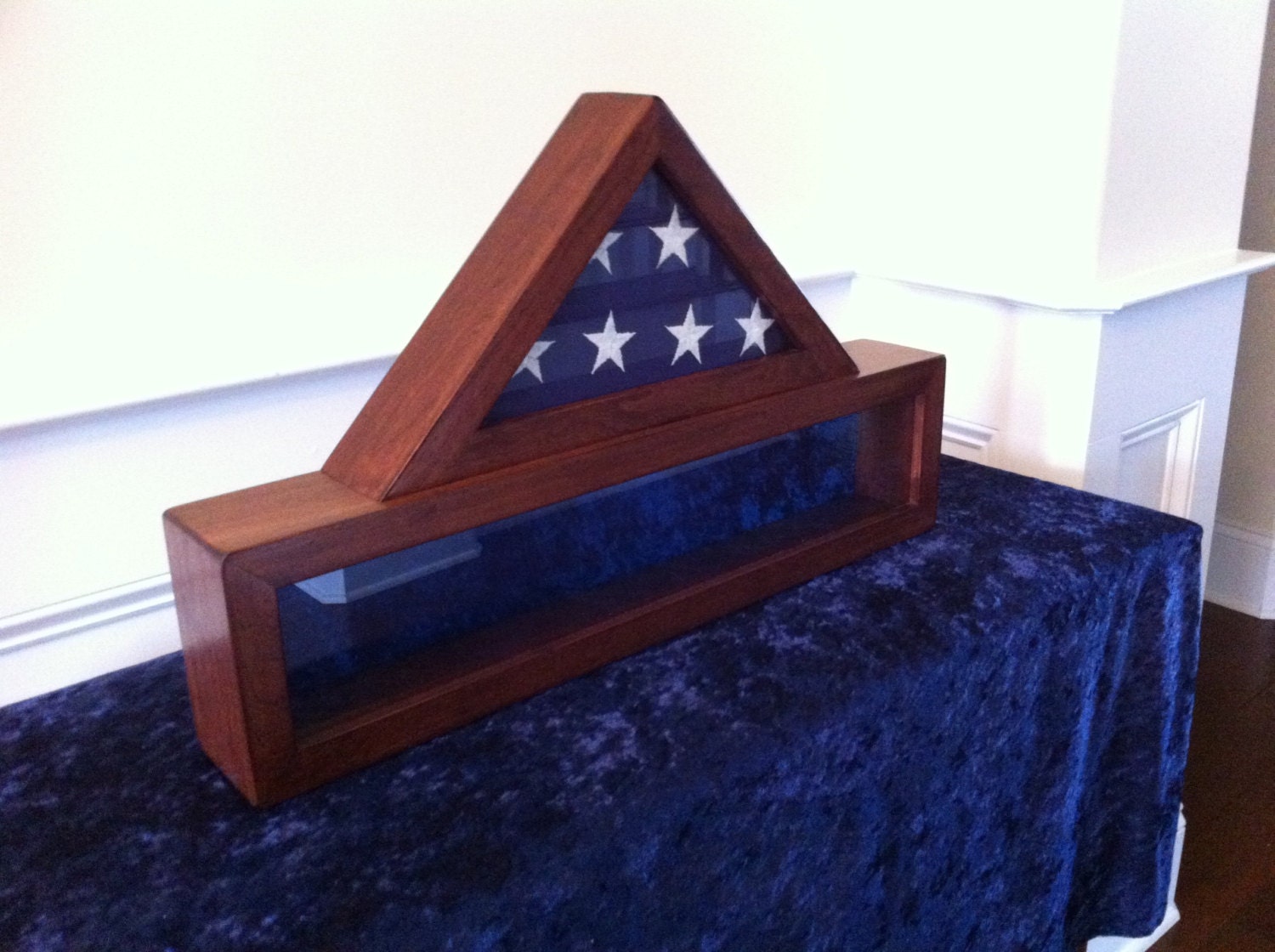 Military retirement flag display case with medals section