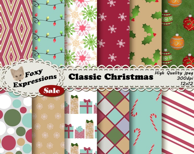 Classic Christmas in shades of green, red and gold with snowflakes, candy canes, ornaments, lights and more for personal or commercial use