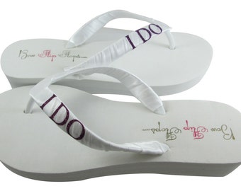 Bride Flip Flops, Wedding Flip Flops, Bridal I DO in purple glitter - or choose bling color- all sizes- all heel heights- white/ivory