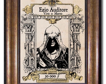 Assassin's Creed - Vintage style wanted poster - Ezio Auditore Vivo o Morto - Multiple Sizes 5x7, 8x10, 11x14, 16x20, 18x24, 20x24, 24x36