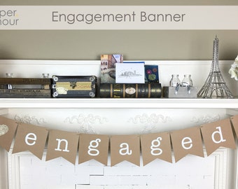 Engaged Banner | Engagement Decorations | Bridal Shower Banner | Gold Glitter | Kraft Paper