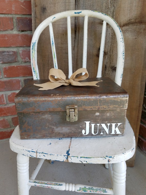 Vintage Rustic Metal Junk Tool Box. Utility box metal storage