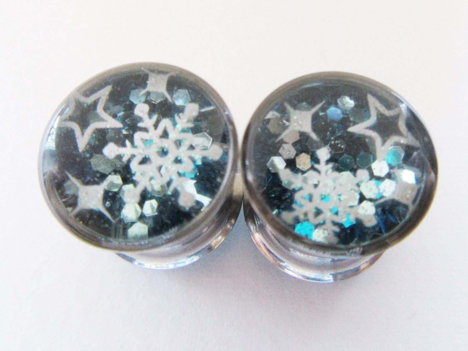 Snowflake Plugs Ear Tunnels Winter Plugs Blue Glitter Snowflake Plugs Ear Tunnels Winter Plugs Blue Glitter