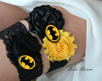 Batman Bridal Garter Set | Super Hero Wedding Garters | Bat Man Girl Shabby Satin Flower Stretch Lace Garter | Keepsake Toss Superhero Black