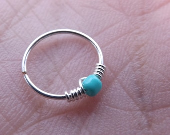 Sterling Silver Tiny Thin Ear/Nose Hoop with teeny tiny turquoise bead Seamless Hoop Ring for Nose,Ear,Cartilage,Tragus,eyebrow, thin/snug