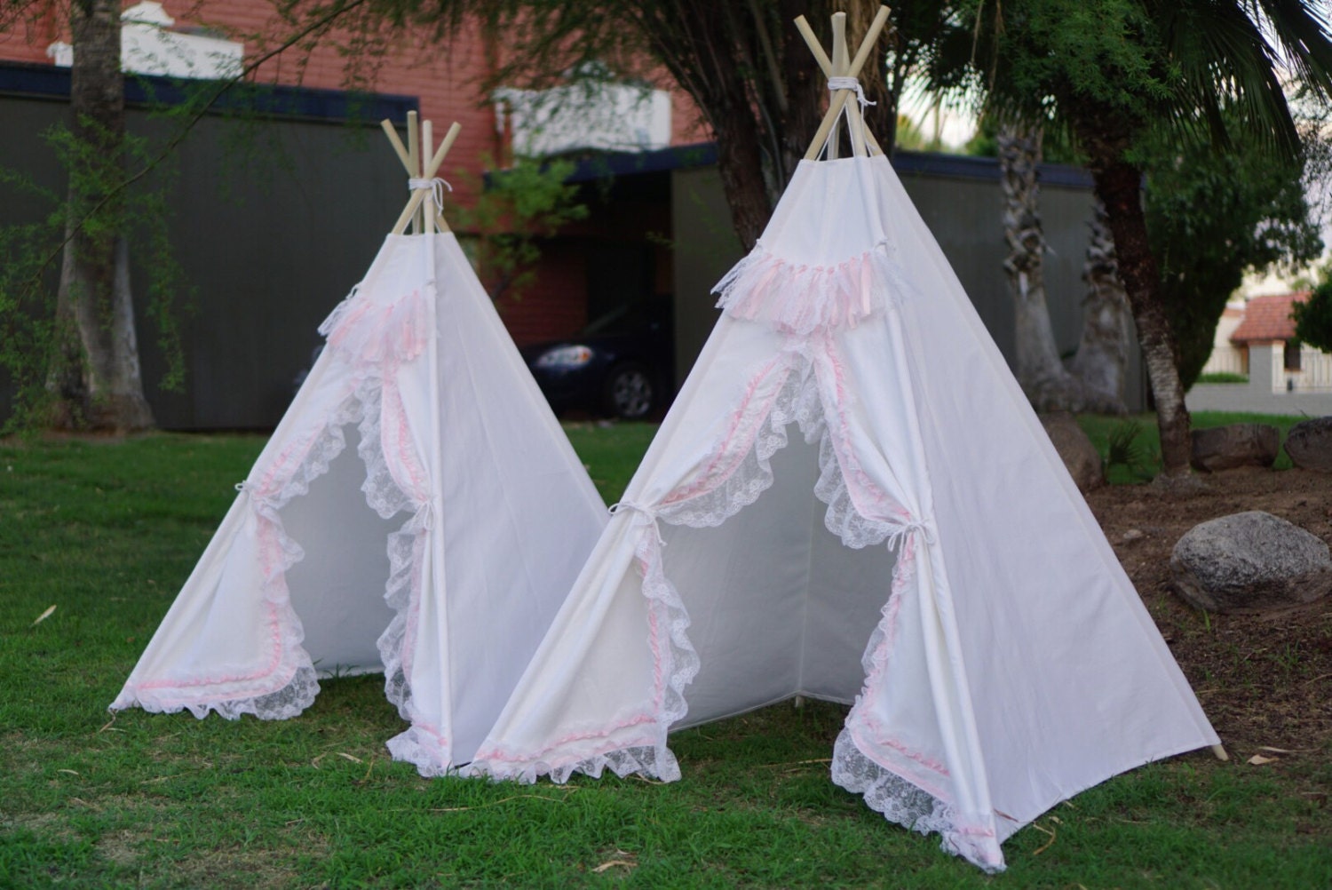 White shabbychic lace teepee tent/ white canvas and pink lace kids