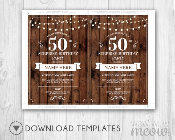 Surprise 50th Birthday Invite Rustic Party Invitation Wood