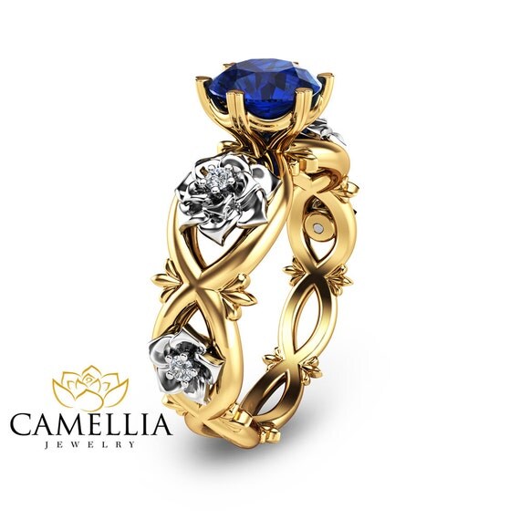 Unique Engagement Ring Blue Sapphire Engagement Ring 14K Two