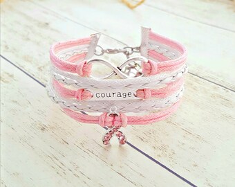 Breast Cancer Bracelet, Courage Bracelet, Infinity Bracelet, Pink Rope Bracelet, Breast Cancer Gift, Breast Cancer Awareness