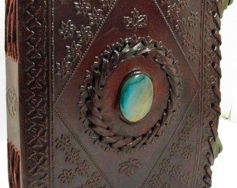 LARGE Antique Leather Journal with 2 Locks Closure/Guest book with Polished Stone and handmade Parchment Paper (10"x7".5")