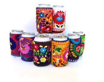 Embroidered Can Cooler, Mexican Dress Can Cooler, Insulated 12 oz Can cosie, Mexican Embroidery drink sleeve, Mexico Fiesta Wedding