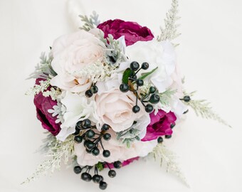Silk Wedding Bouquet, Silk Bride Bouquet, Blush Roses, Purple Peonies, Hydrangeas, Vintage Inspired Rustic Wedding, Bridesmaid Bouquet