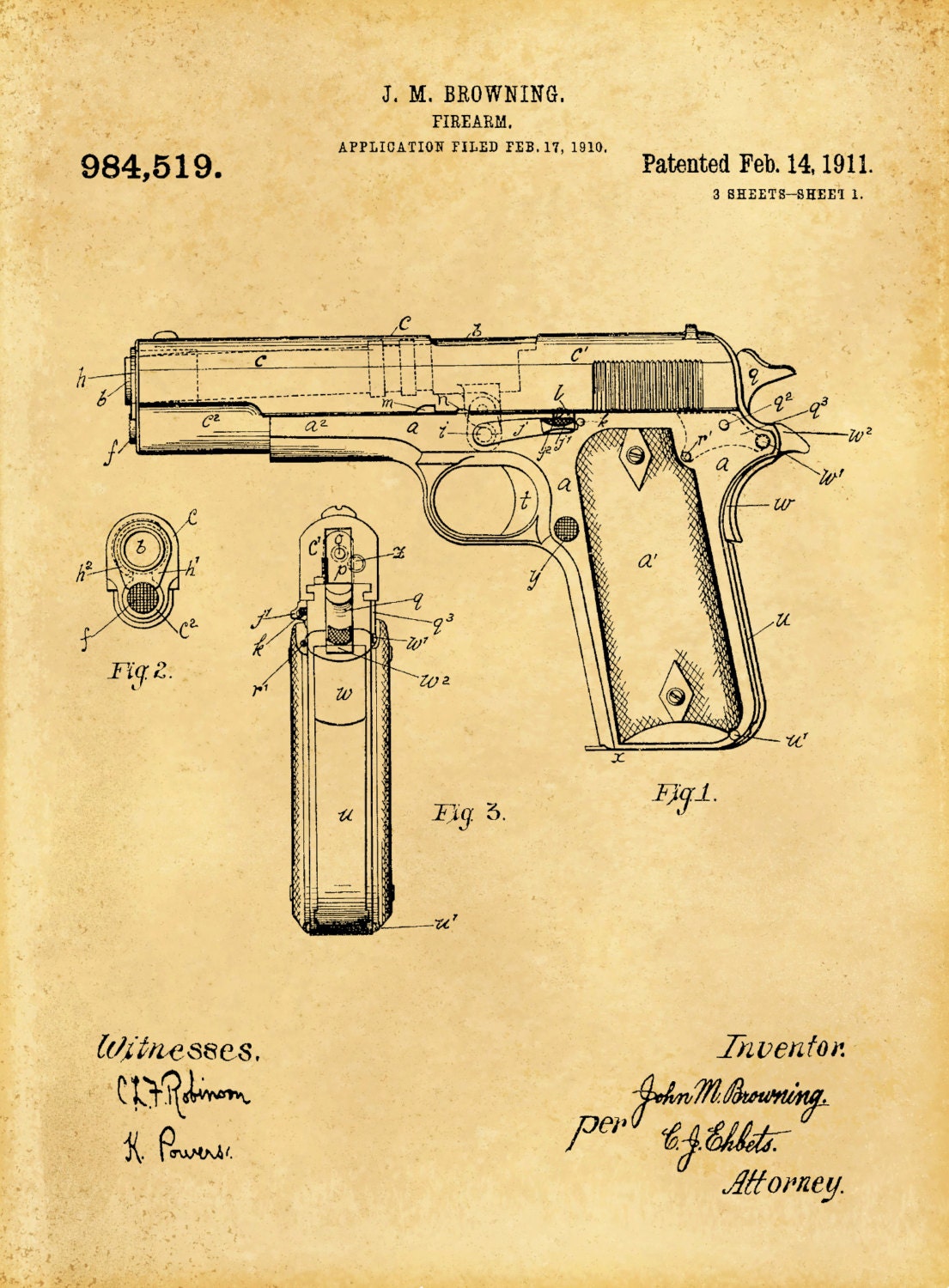 Patent M1911 Browning .45 Caliber Pistol Art Print - Poster - Fire Arm ...