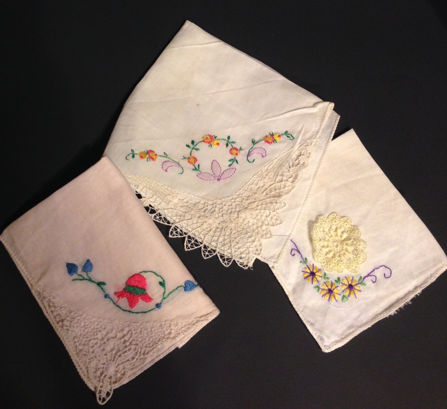 Vintage Lace Handkerchief Set Hand Embroidered Set of 3