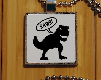 Dinosaur necklace, rawr dinosaur, t-rex, square pendant, statement pendant, unique gifts, silver pendant necklace, statement jewelry, rawr
