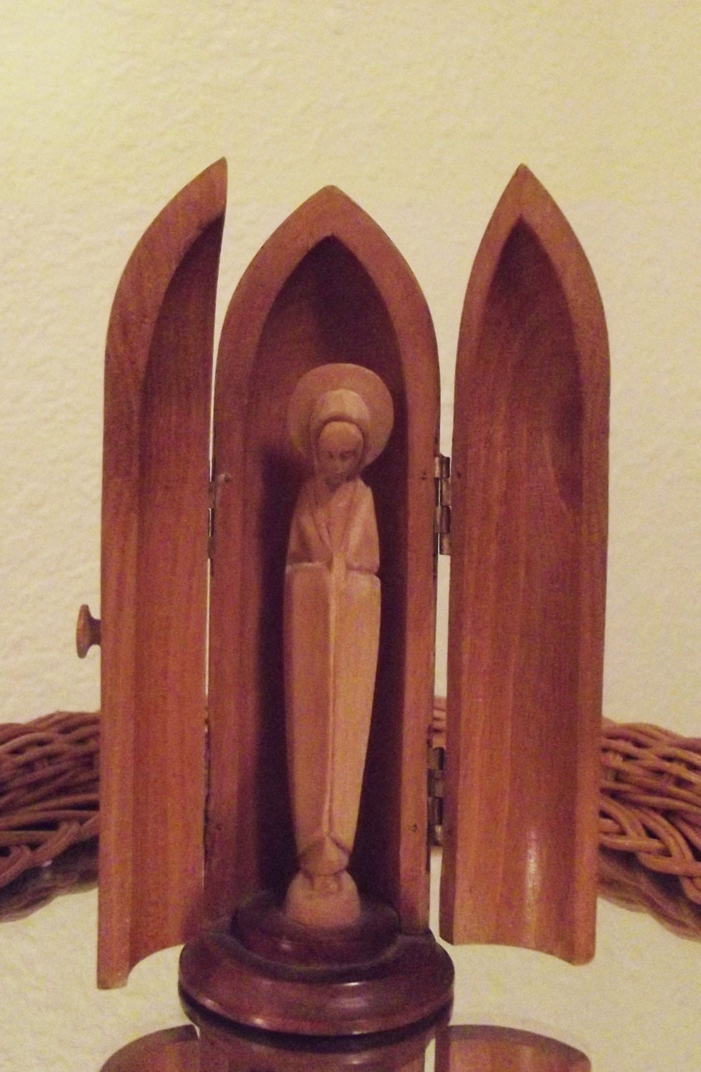Wooden Grotto and Virgin Mary Statue Vintage Miniature Hand