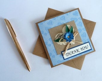 Quilled Flower Thank You Card in French or English, Blue Size 4"x 4" #CavETsy