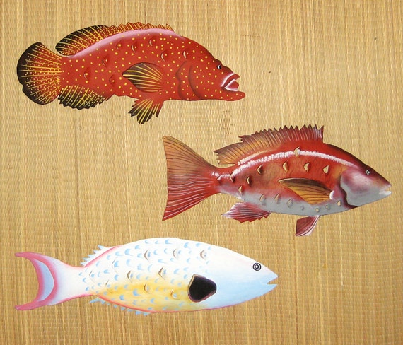 XL Metal art handpainted set of 3 Florida fish wall by