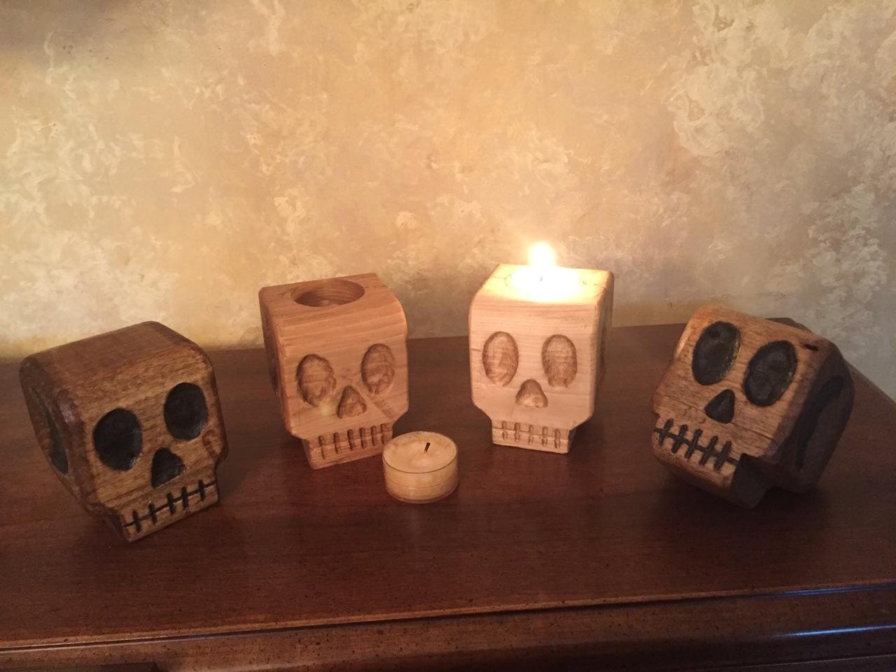 Pair of Hand Carved Wooden Skull Halloween Decorative Skull