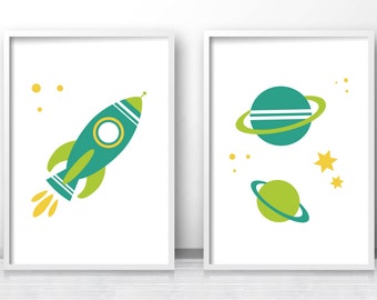 Outer Space Kids Art Prints, Space Nursery Wall Art Print, Rocket Ship Kids Prints, Boys Room Decor, Baby Boy Nursery Art, Printable Kids