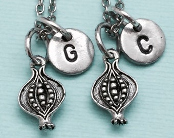 Best friend necklace, pomegranate necklace, food necklace, bff necklace, sister, friendship, personalized necklace, initial, monogram