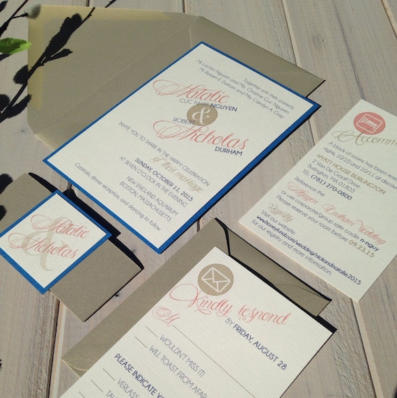 Royal Blue and Coral Wedding Invitations by InspirationIDoDesign
