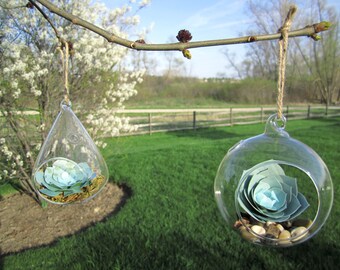 Hanging Succulent Terrarium, Paper Flowers, Hanging Terrarium, Glass Planter, Air Plant Alternative