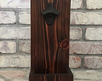 Rustic Wall Mount Bottle Opener and Cap Catcher, Cast Iron Anniversary Gift For Him, Bottle Opener, Bar Decor, Beverage Opener