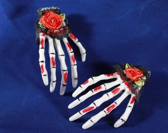 2 Skeleton Hands Hair Clips Gothic Black Lace Red Rose
