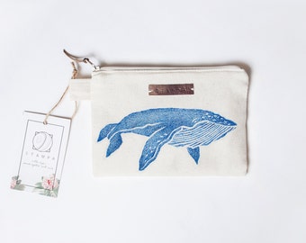 Whale Zipper Jewelry Pouch, Pencil Case, Purse, Cosmetic bag with handmade print
