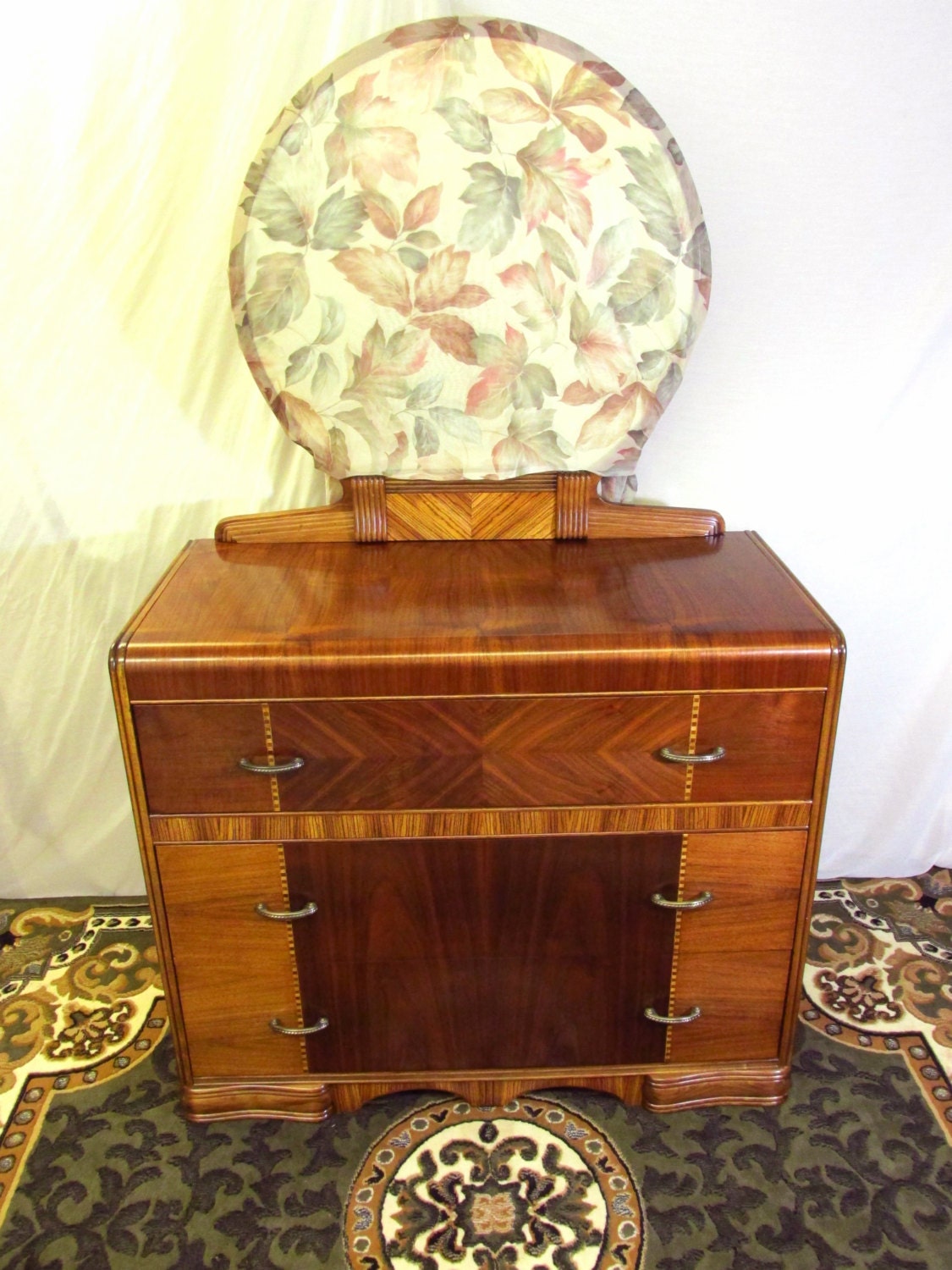 Restored Vintage Waterfall Top Dresser With Mirror Art Deco Design