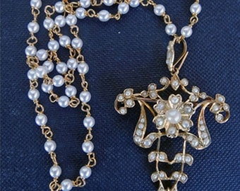 Antique Victorian Natural Pearl Pendant Necklace Brooch 15ct Gold Chain (#5698)