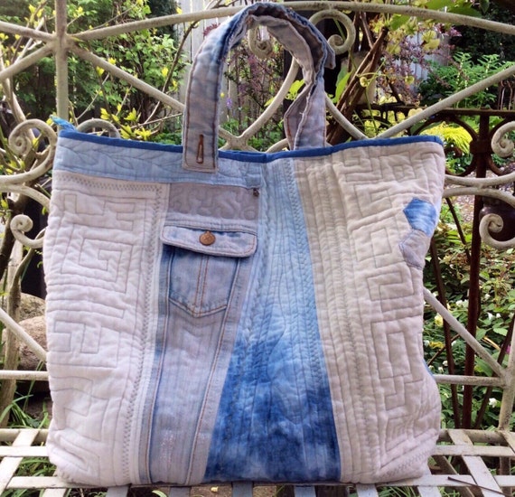 Repurposed Denim Tote bag Quilted Denim tote by HobbsHillQuilts