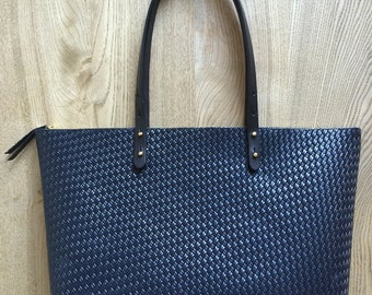 Leather Tote, Embossed Leather Bag, Navy leather tote, Navy Leather Purse