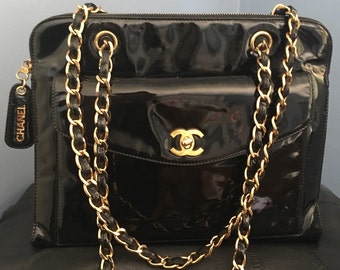 Chanel Auth patent handbag black 1990's
