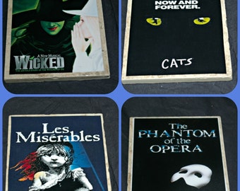 Broadway Play Coasters - Les Miserables - Phantom of the Opera - Wicked the Musical, Cats the Musical - Broadway Play Gifts - Opera Gifts