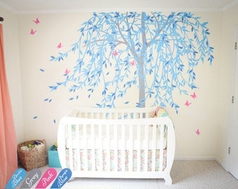 Large willow tree wall decal nursery tree wall sticker murals butterfly wall art decor wall tattoo KW020