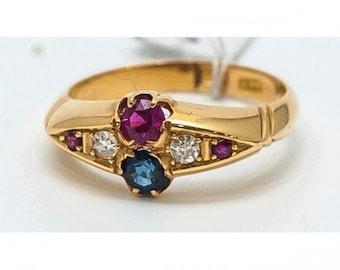 Old Mineralife in yellow gold with Sapphire, diamond and Ruby ring