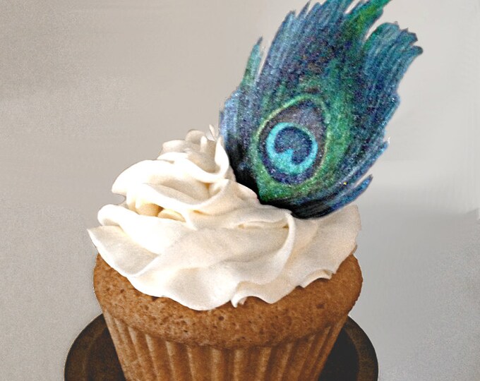 Edible Peacock Feathers, Double-Sided Wafer Paper Toppers for Cakes, Cupcakes or Cookies