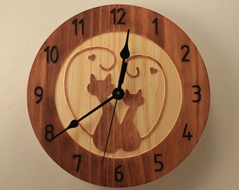 Pine kitty love clock Cat clock Wall clock Wood clock Wooden wall clock Cat love Decorative clock Animal clock Wooden love Romantic gift