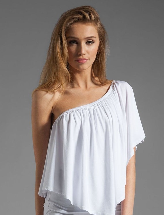 Items similar to White one shoulder top, White sexy tank top, Short ...
