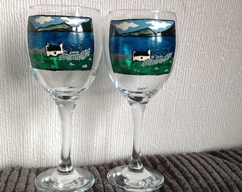 Landscape/ Building Painted Wine Glasses Personalised