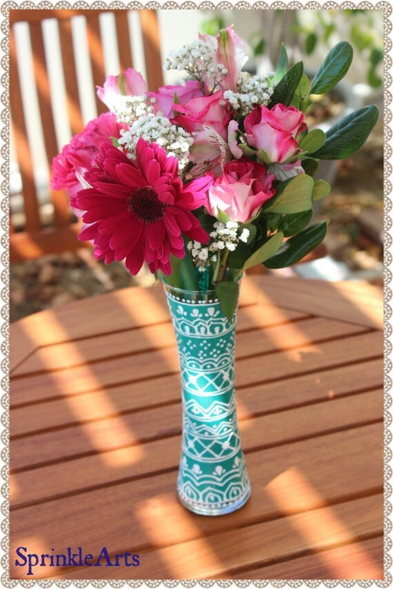 Glass Vase Indian Henna Mehndi Design Hand Painted Wedding