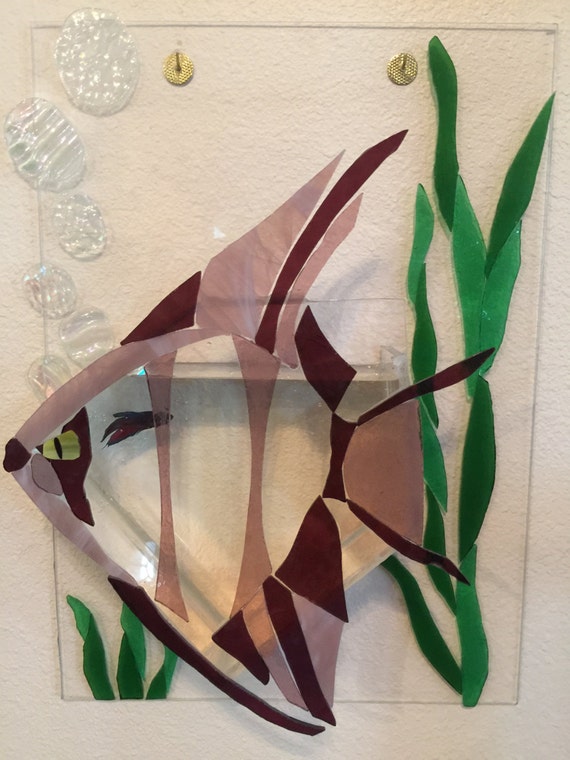 Handmade angelfish art stained glass mosaic fish tank wall