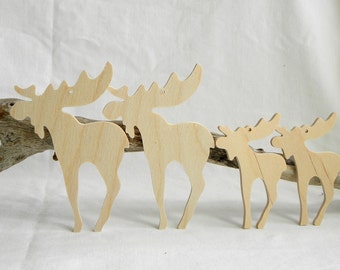 Wooden Moose Ornaments, set of 4, Unfinished, 2 large & 2 small DIY kit, gift / momento / holiday decoration