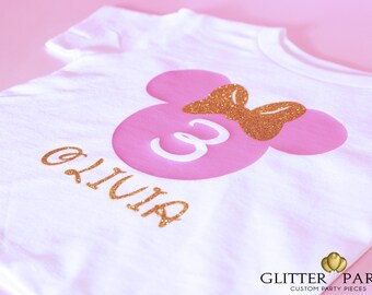 Pink & Gold Minnie Mouse Birthday Shirt - Matching Pink And Gold Minnie Bow-tique Party Decorations Available Too!
