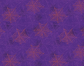 Boooo Ville, Halloween Fabric, Orange and Purple Spider Webs on Purple Background, By Benartex, 2430