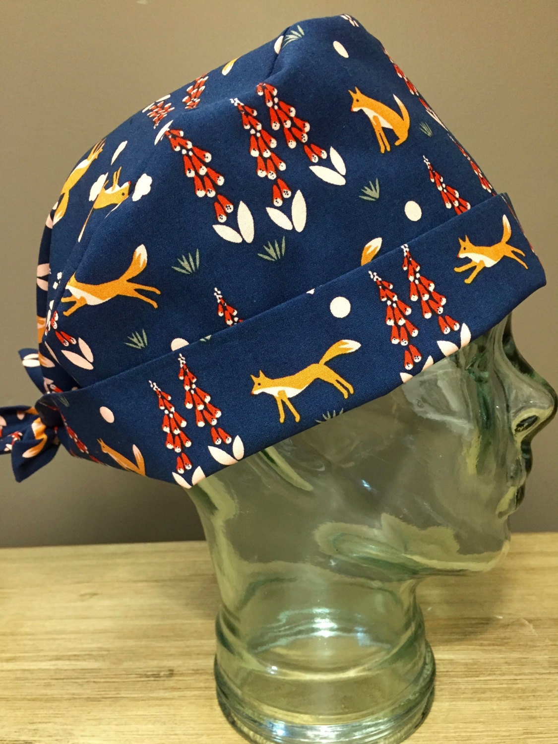 Navy & Blush Pink Fox Surgical Scrub Hat Beautiful