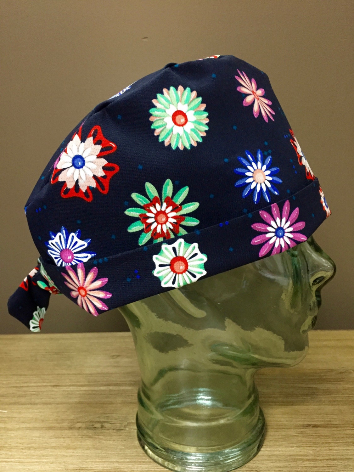 Glass Flower Buttons on Navy Surgical Scrub Cap Beautiful